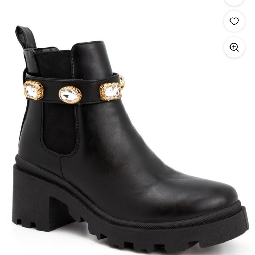 Black Leather Chunky Chelsea Boot with Gold Jewel Strap